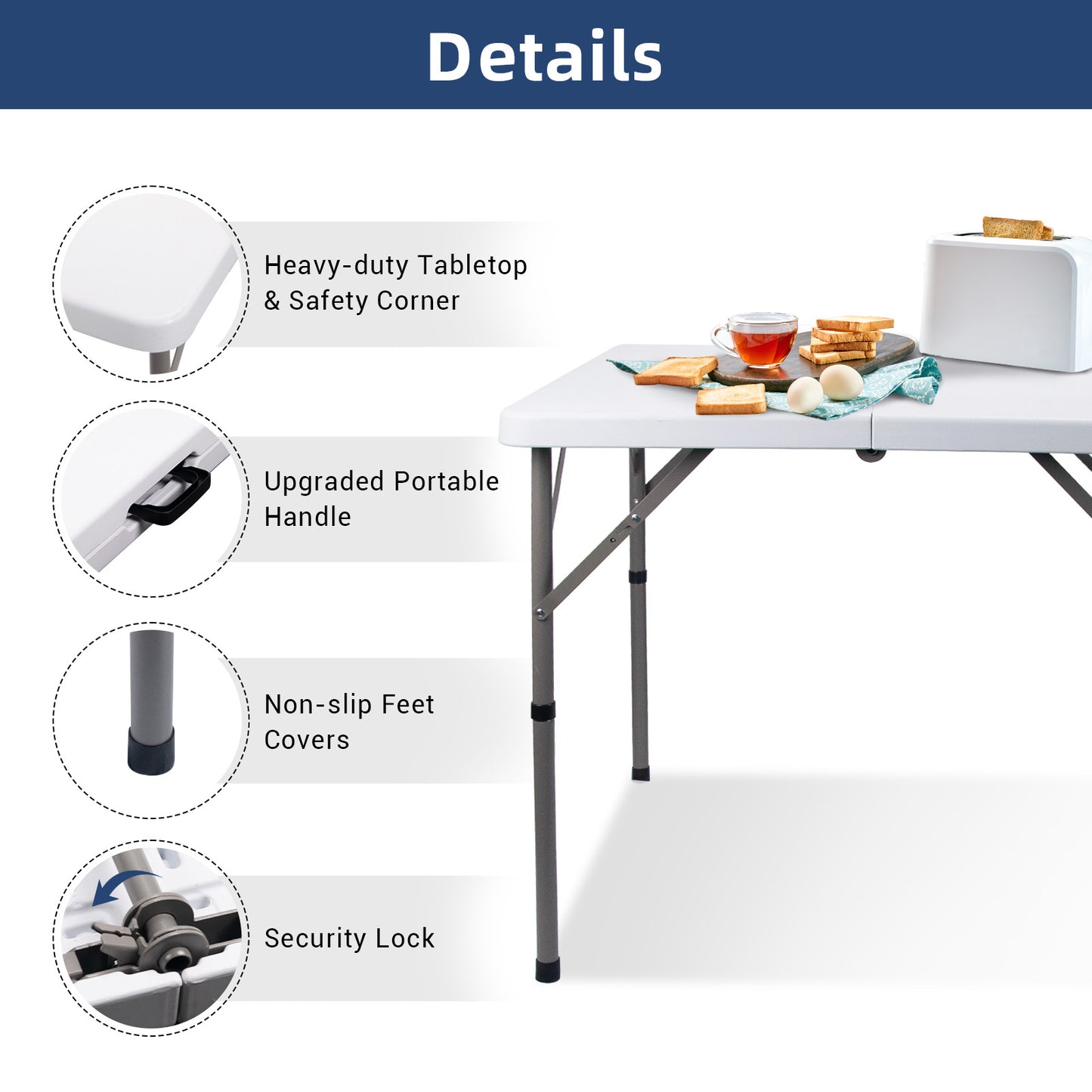 34" Square Folding Card Table, Fold-in-Half Utility Dining Portable Table Heavy Duty HDPE White Plastic Foldable with Carrying Handle Indoor Outdoor for Picnic, Camping, Party