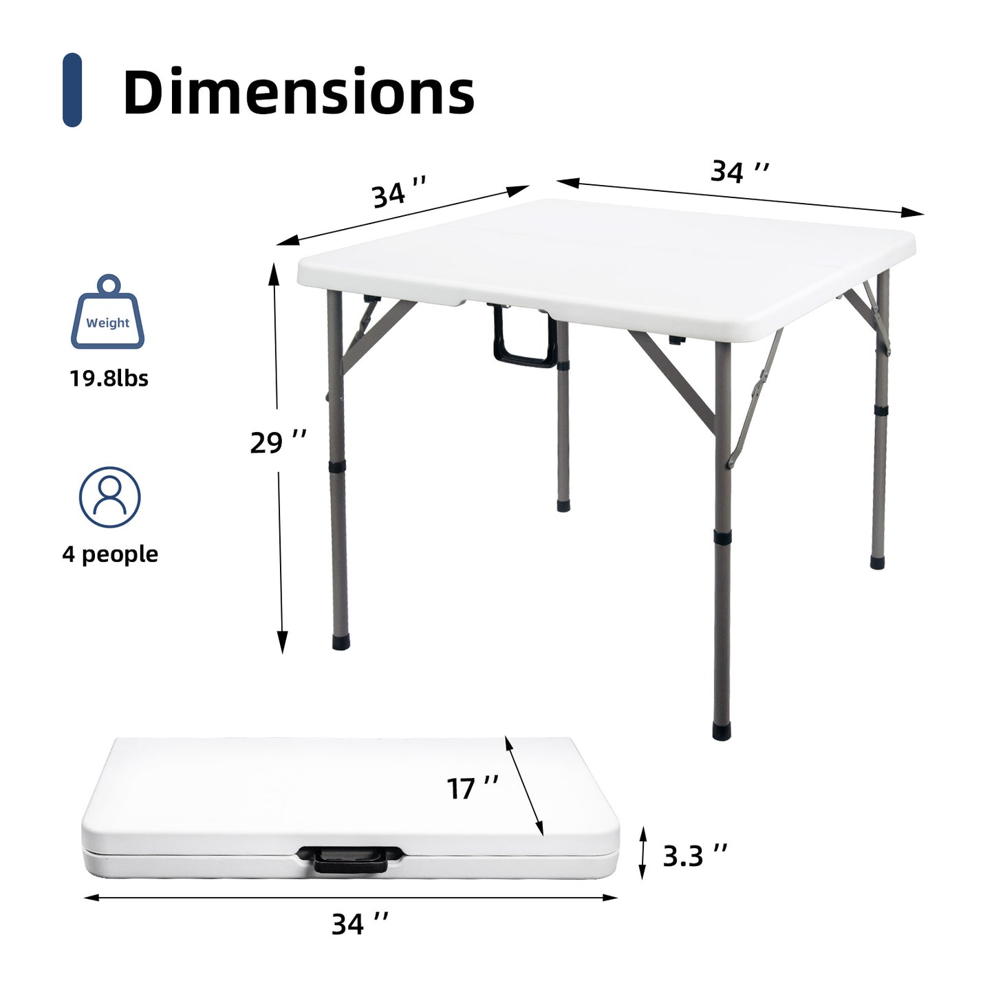 34" Square Folding Card Table, Fold-in-Half Utility Dining Portable Table Heavy Duty HDPE White Plastic Foldable with Carrying Handle Indoor Outdoor for Picnic, Camping, Party