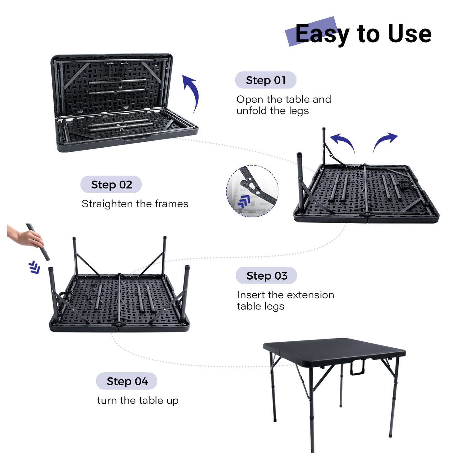 34" Square Folding Card Table, Fold-in-Half Utility Dining Portable Table Heavy Duty HDPE Plastic Foldable with Carrying Handle Indoor Outdoor for Picnic, Camping, Party, Black