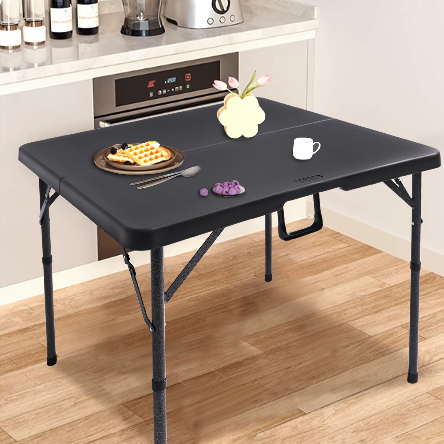 34" Square Folding Card Table, Fold-in-Half Utility Dining Portable Table Heavy Duty HDPE Plastic Foldable with Carrying Handle Indoor Outdoor for Picnic, Camping, Party, Black