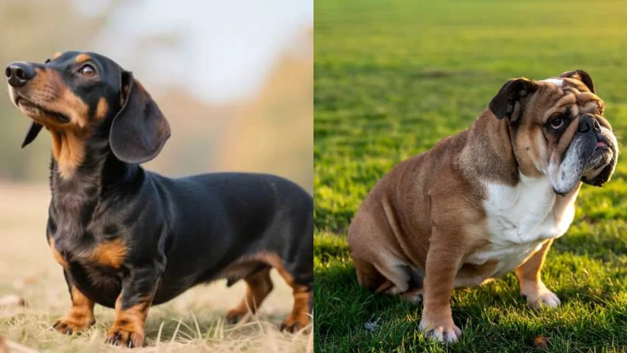 On the left is a dachshund standing on the grass, and on the right is a French Bulldog standing on the grass.