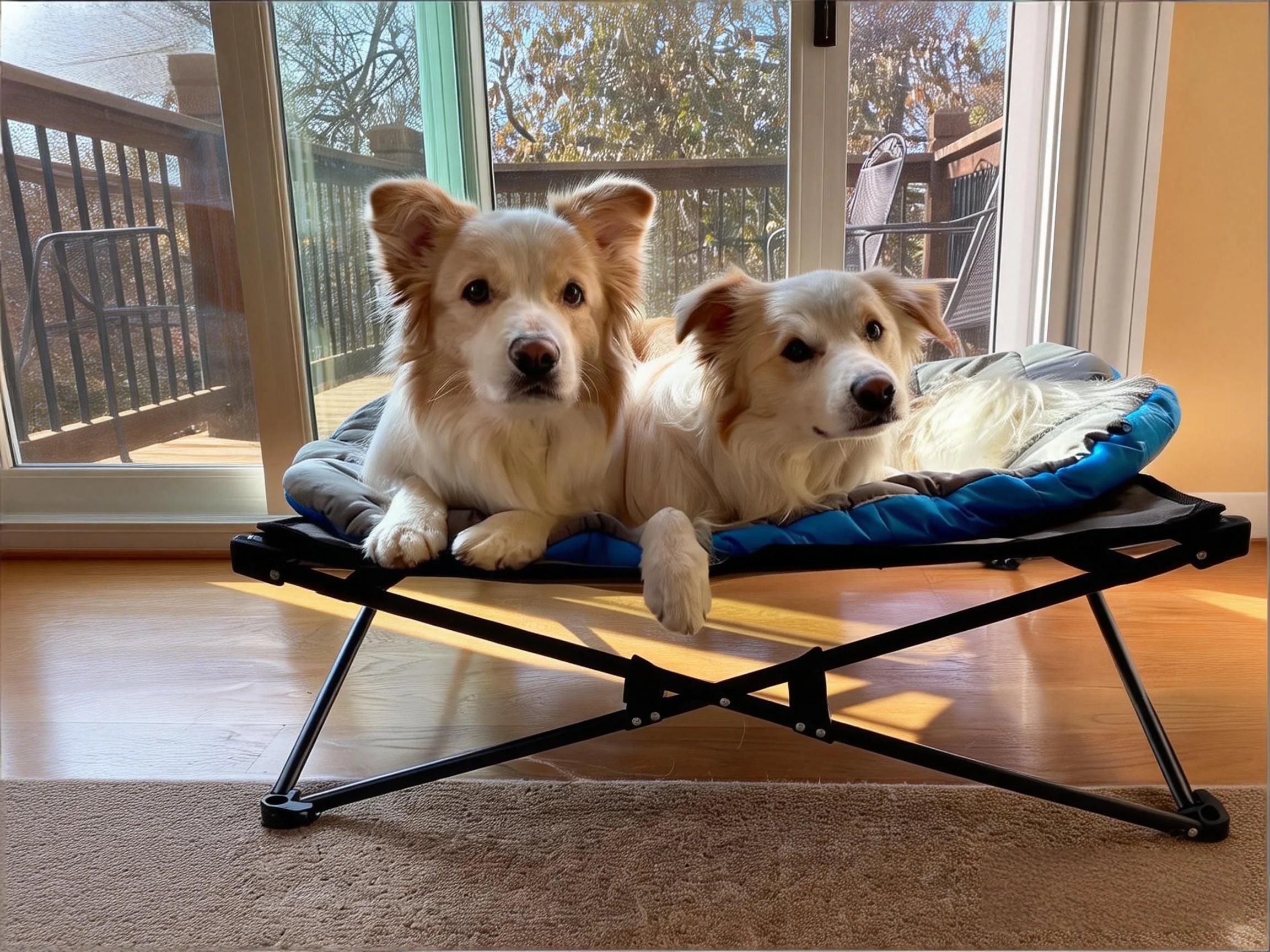 Two puppies lay on the cot in the bedroom, basking in the sun.