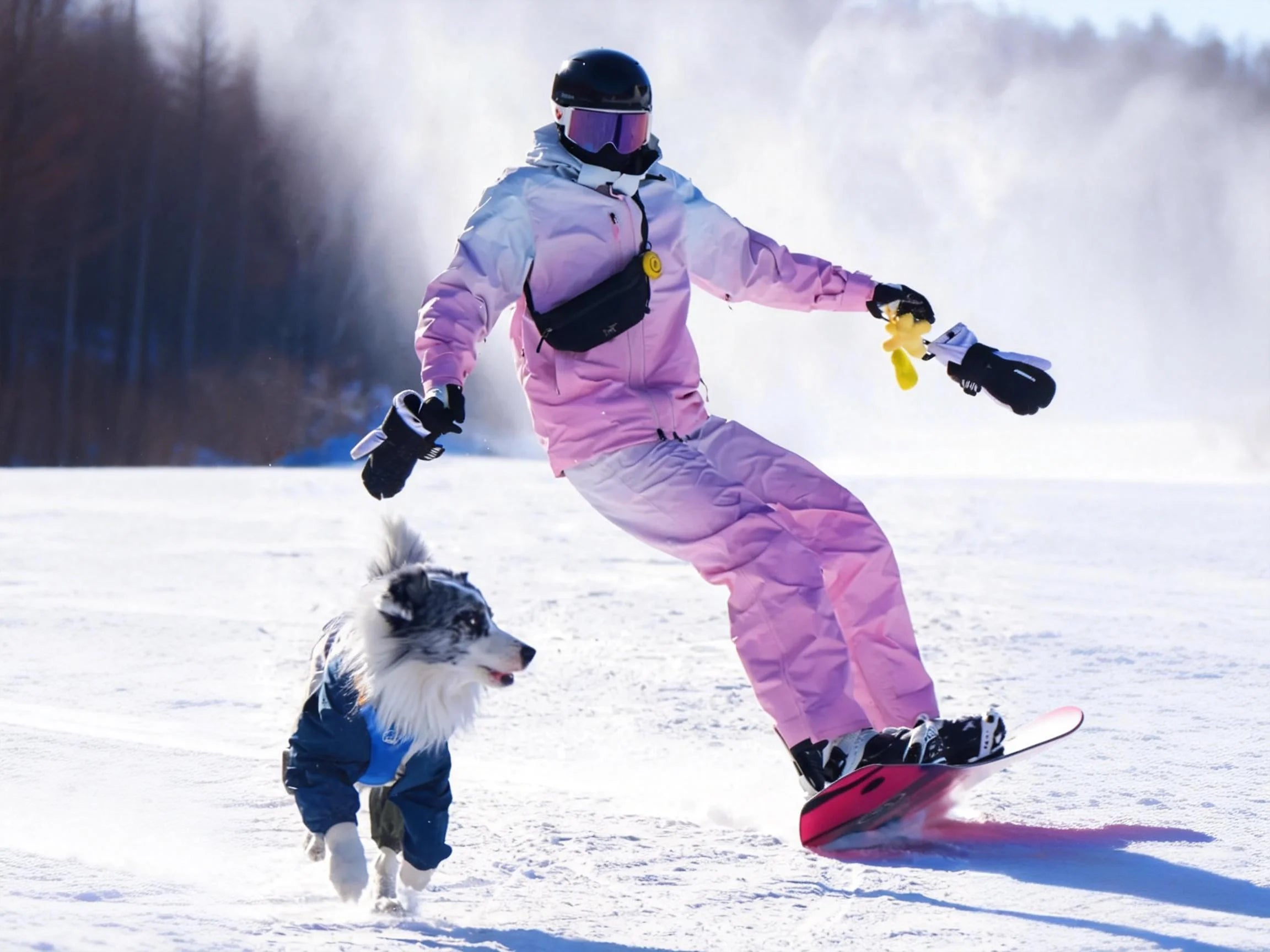 A person and a dog wearing waterproof jackets are skiing.