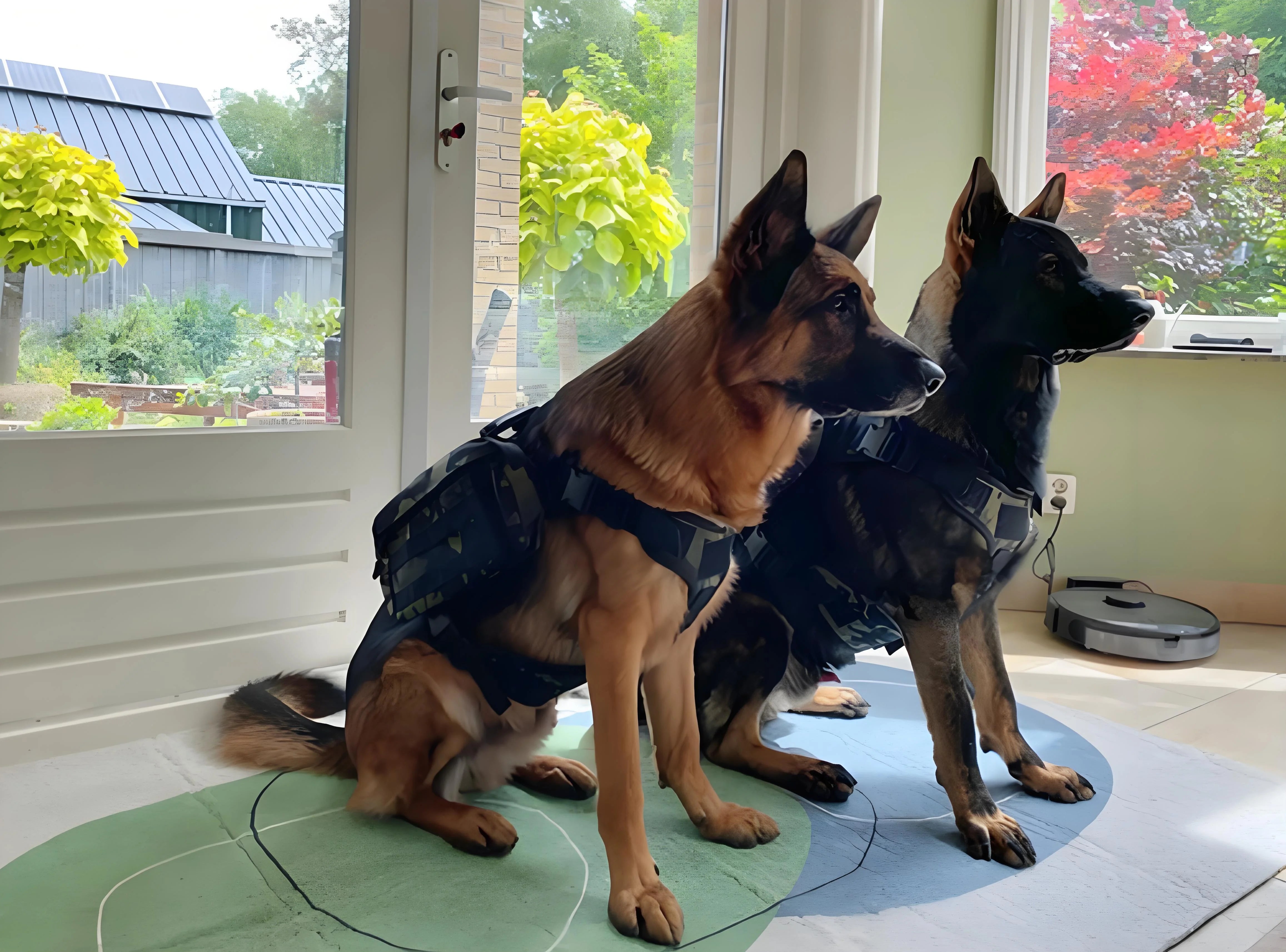 Two dogs sit in the room with backpacks, looking ready for an adventure.