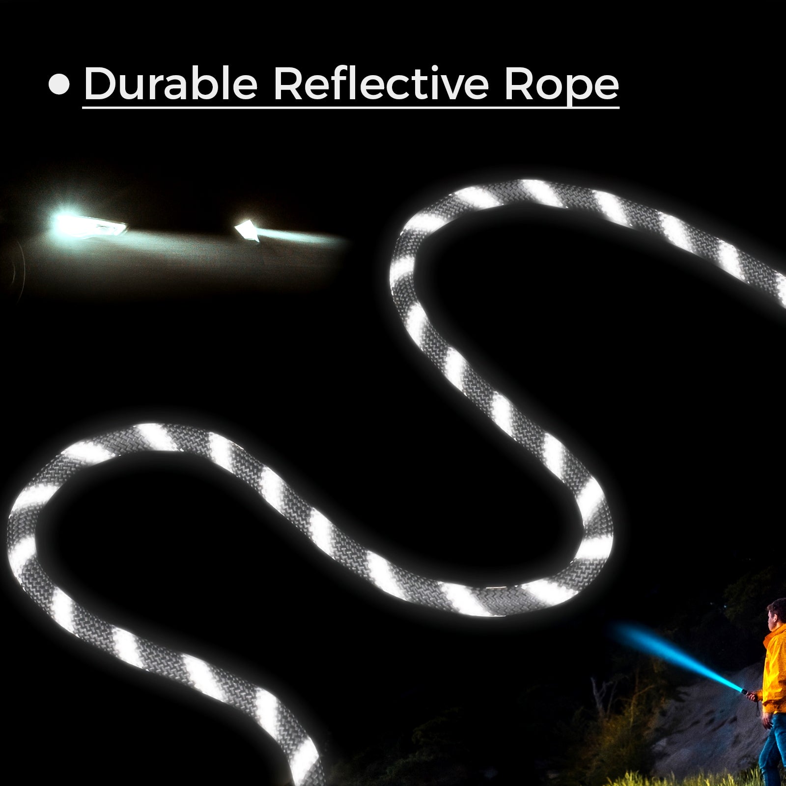 The theme is a glowing rope in the dark night. In the bottom right corner, a person is holding a flashlight, shining it towards the rope in the top left corner. The reflective rope occupies the main focus of the image.