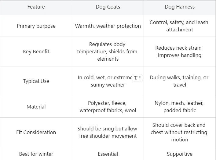 Comparison Chart of Dog Coats and Dog Harnesses