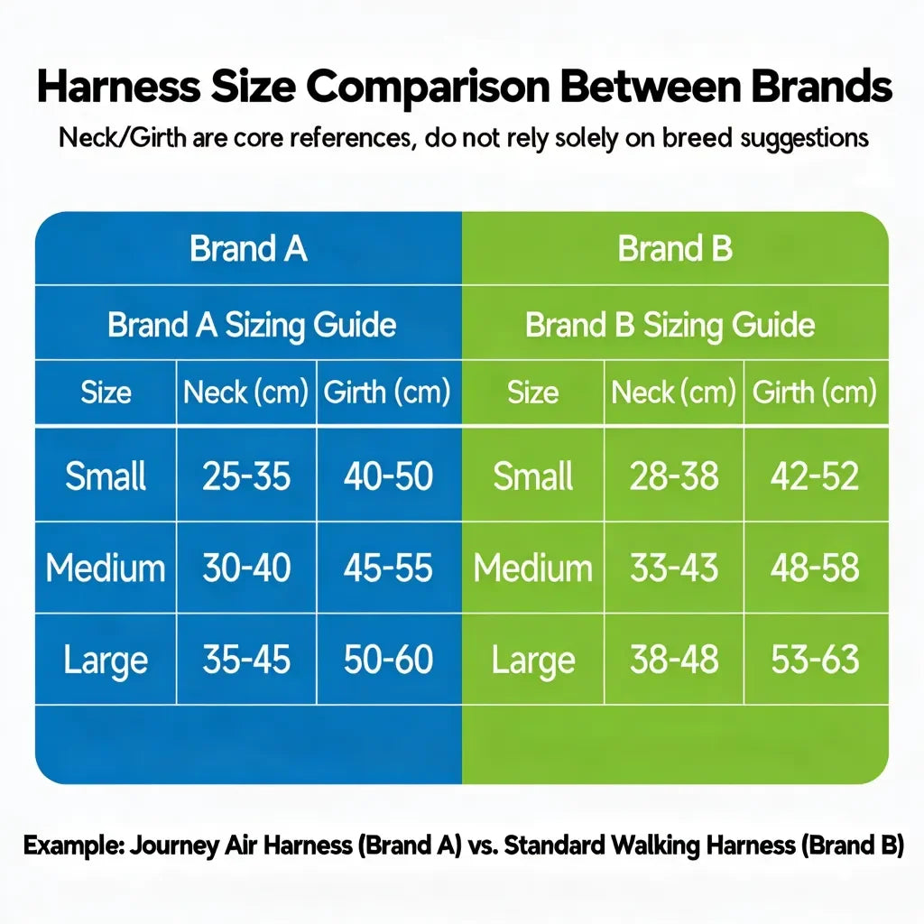 A comparison chart of specific harness sizes for two different brands.