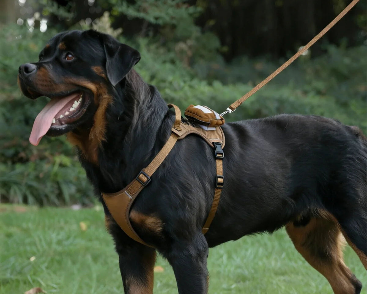 A large dog wearing a chest harness is being trained