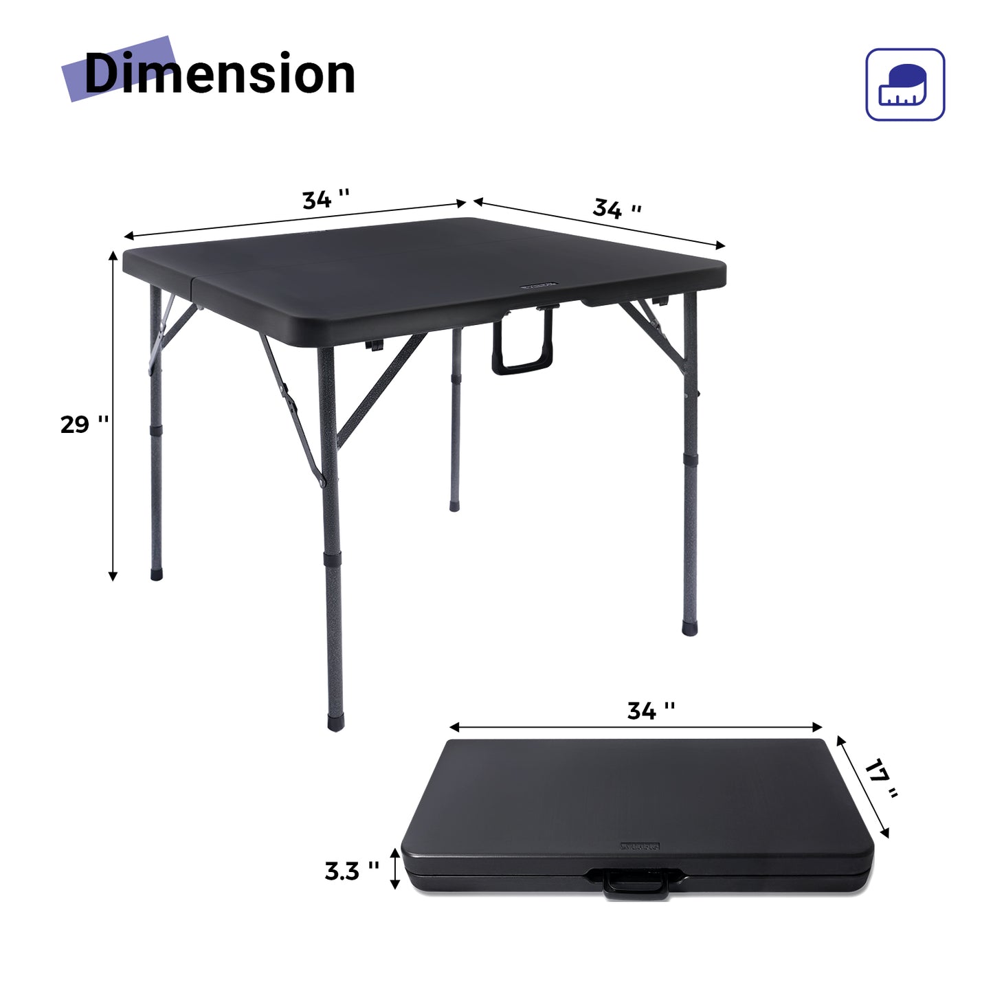 34" Square Folding Card Table, Fold-in-Half Utility Dining Portable Table Heavy Duty HDPE Plastic Foldable with Carrying Handle Indoor Outdoor for Picnic, Camping, Party, Black