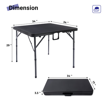 34" Square Folding Card Table, Fold-in-Half Utility Dining Portable Table Heavy Duty HDPE Plastic Foldable with Carrying Handle Indoor Outdoor for Picnic, Camping, Party, Black