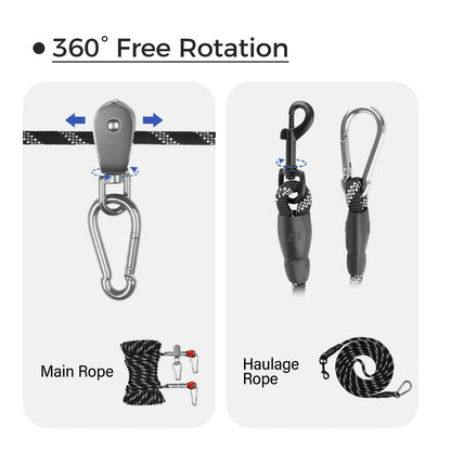 A display image showing the smooth design of the pulley and hook on the dog tie-out cable.