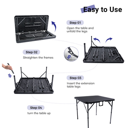 34" Square Folding Card Table, Fold-in-Half Utility Dining Portable Table Heavy Duty HDPE Plastic Foldable with Carrying Handle Indoor Outdoor for Picnic, Camping, Party, Black