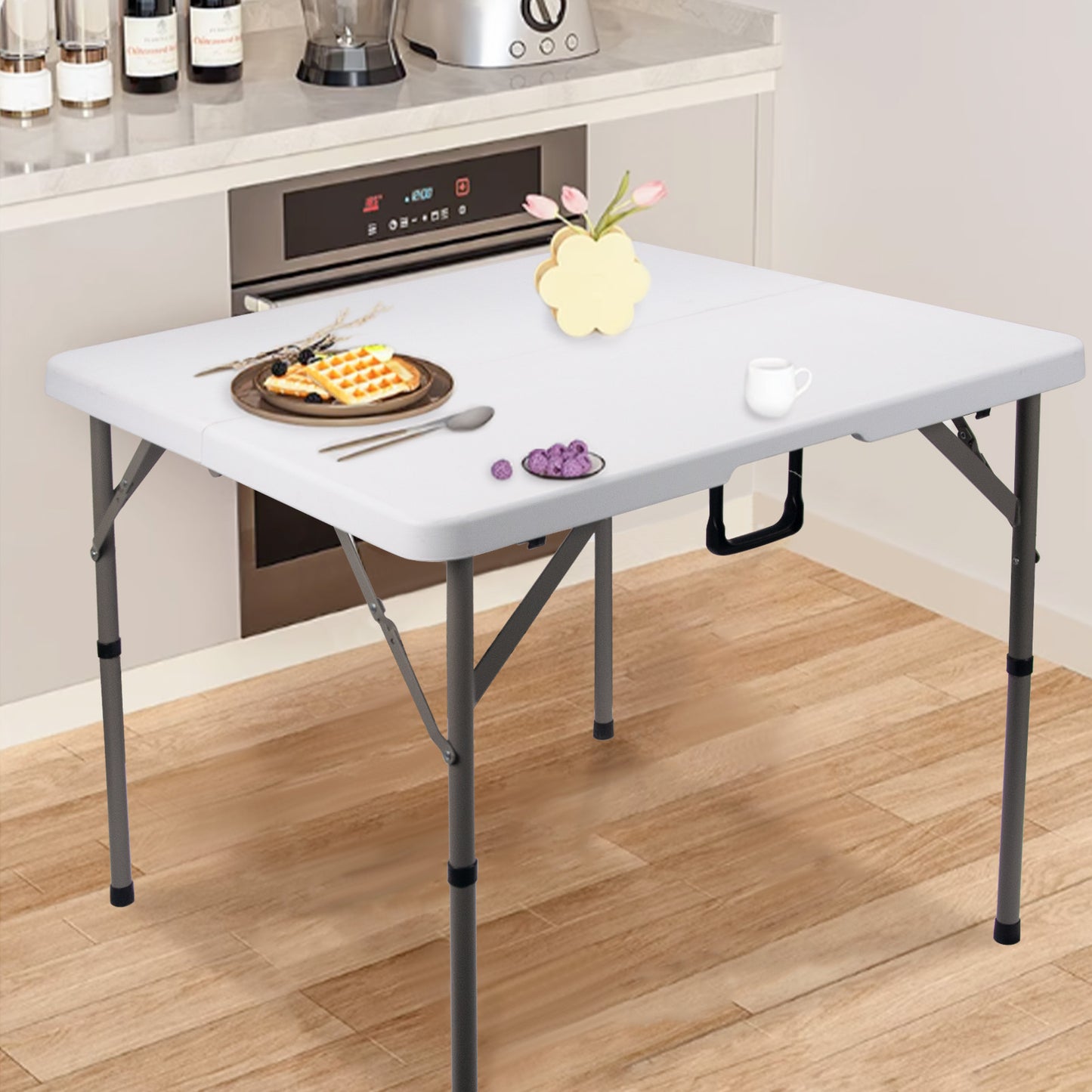34" Square Folding Card Table, Fold-in-Half Utility Dining Portable Table Heavy Duty HDPE White Plastic Foldable with Carrying Handle Indoor Outdoor for Picnic, Camping, Party