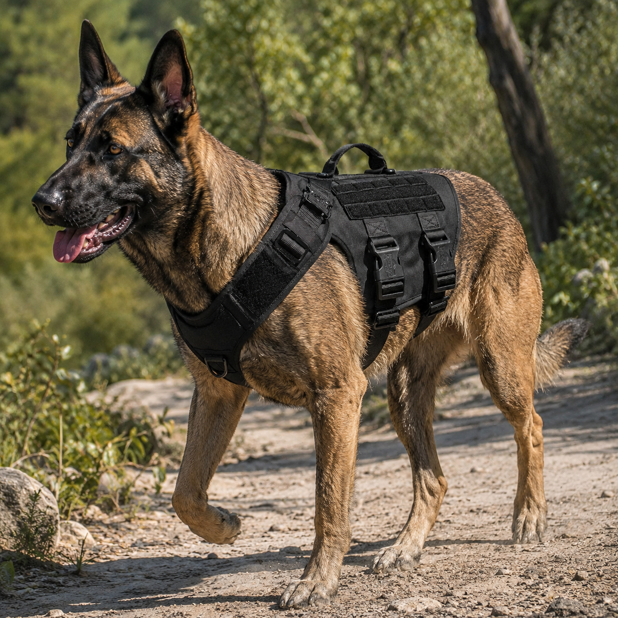 Dog wearing an adventure harness while exploring an outdoor trail