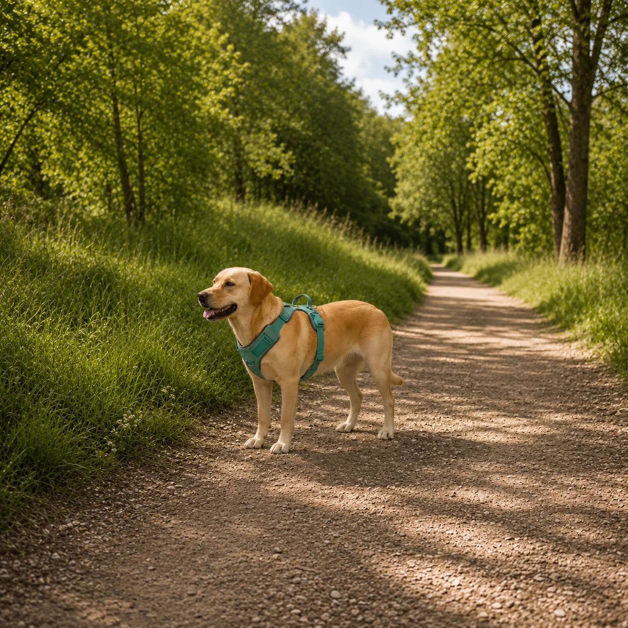 Dog wearing a comfortable harness while walking on a forest trail outdoors