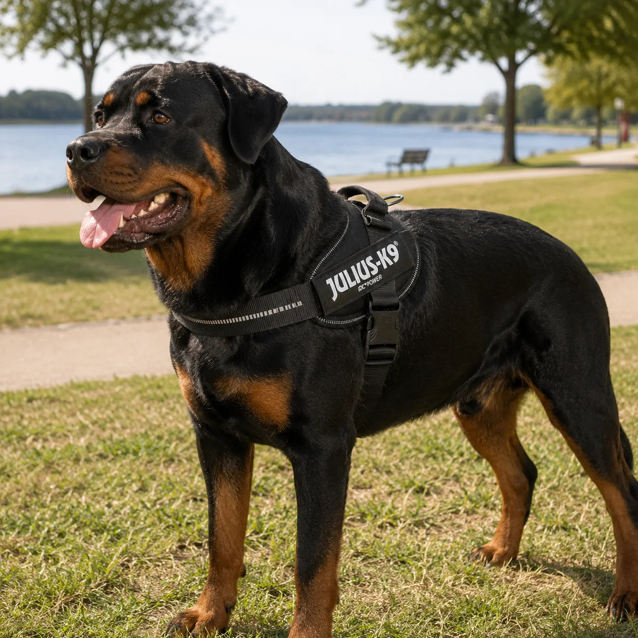 Large dog wearing a heavy duty harness during an outdoor walk near a lake