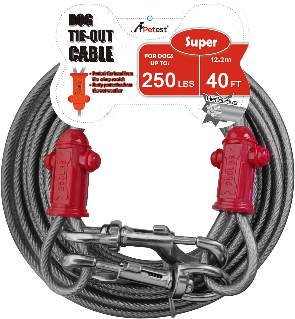 The Petest 40ft Tie-Out Cable with a gray rope formed into a loop, along with a hook. The image has text at the top indicating a weight capacity of 250 lbs and a length of 40ft.