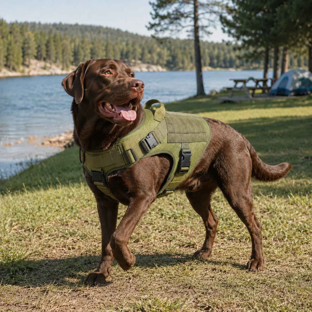 Dog wearing a tactical harness during an outdoor adventure near a lake
