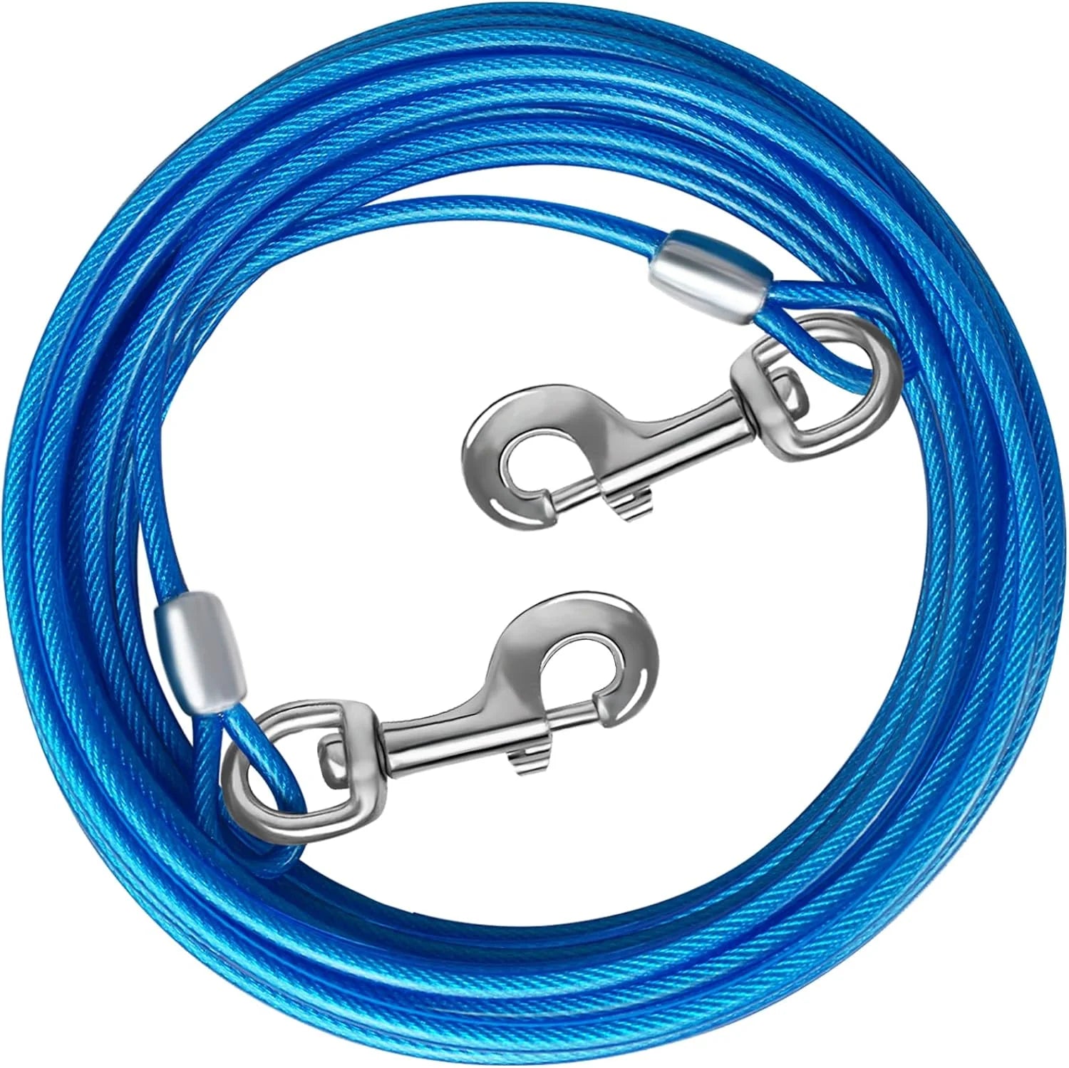 The HaiYUAN Dog Tie-Out Cable with a blue rope formed into a loop, along with a hook.