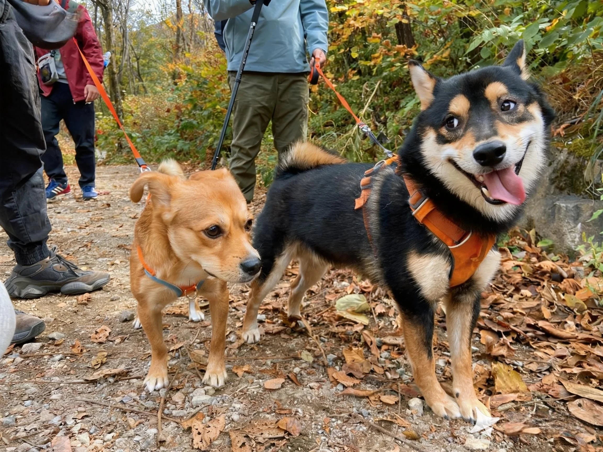 Two dogs were led on leashes as they walked alongside people.