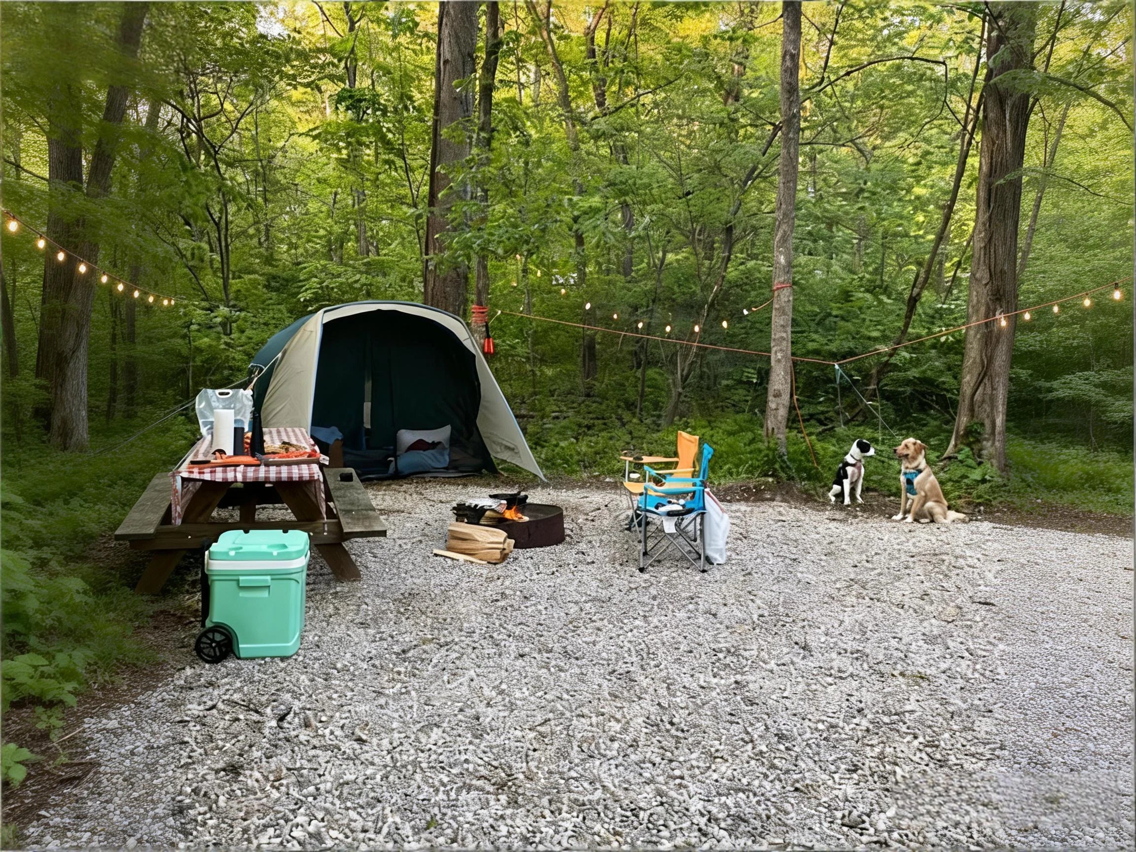 Two dogs are using tie-outs to exercise at the campground.