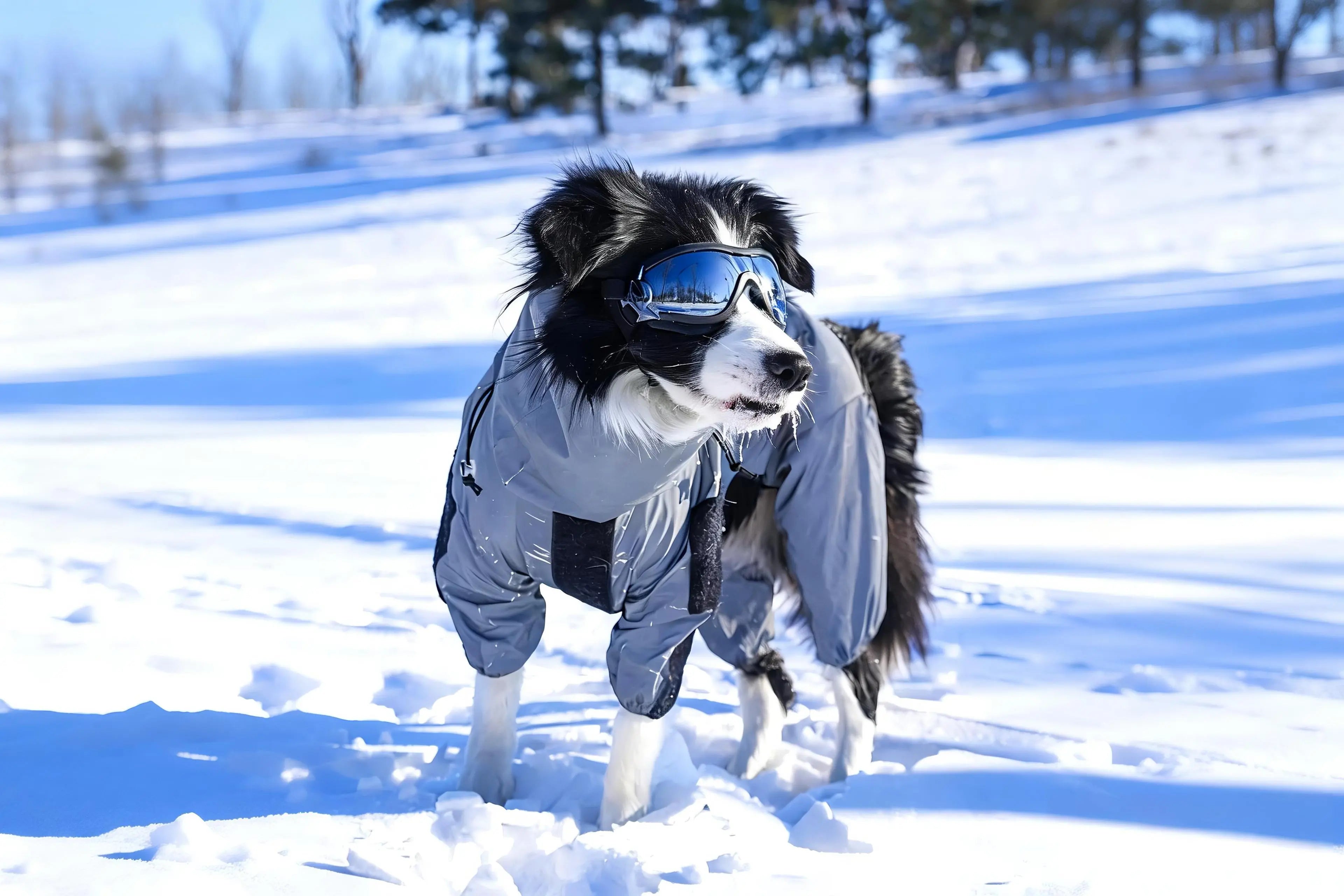 A dog wearing a jacket and goggles on a snowy mountain