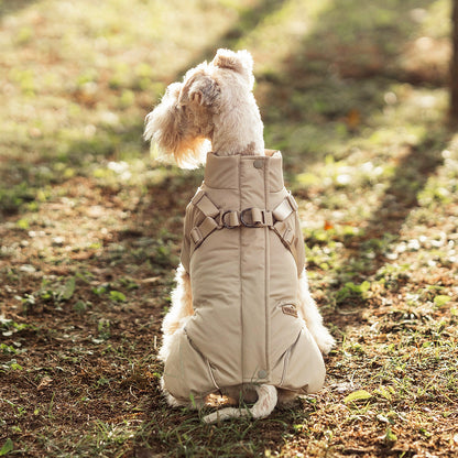A dog wearing Howoll’s The Padded Dog Vest is sitting on the grass.