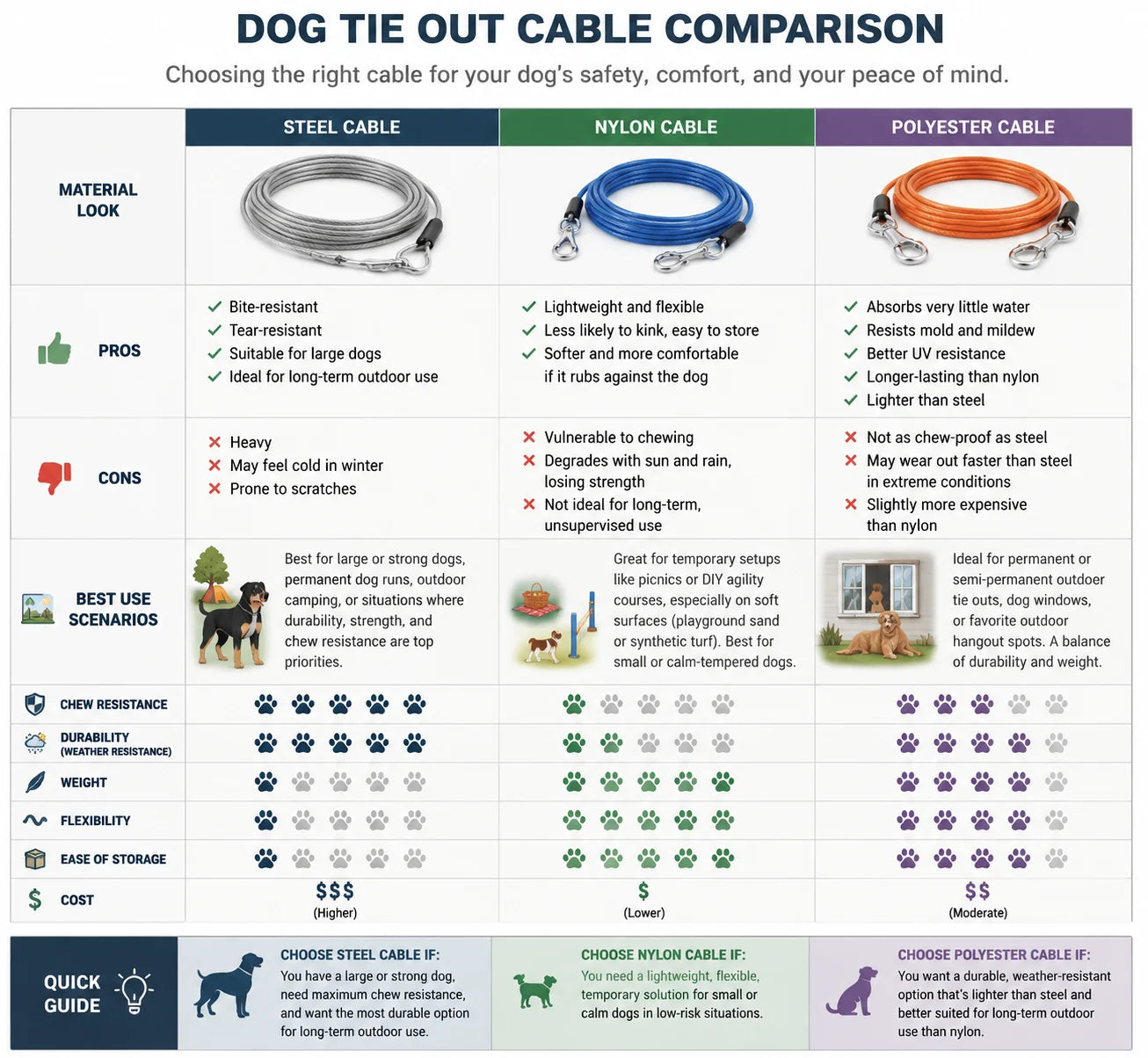 Detailed comparison chart of steel, nylon, and polyester