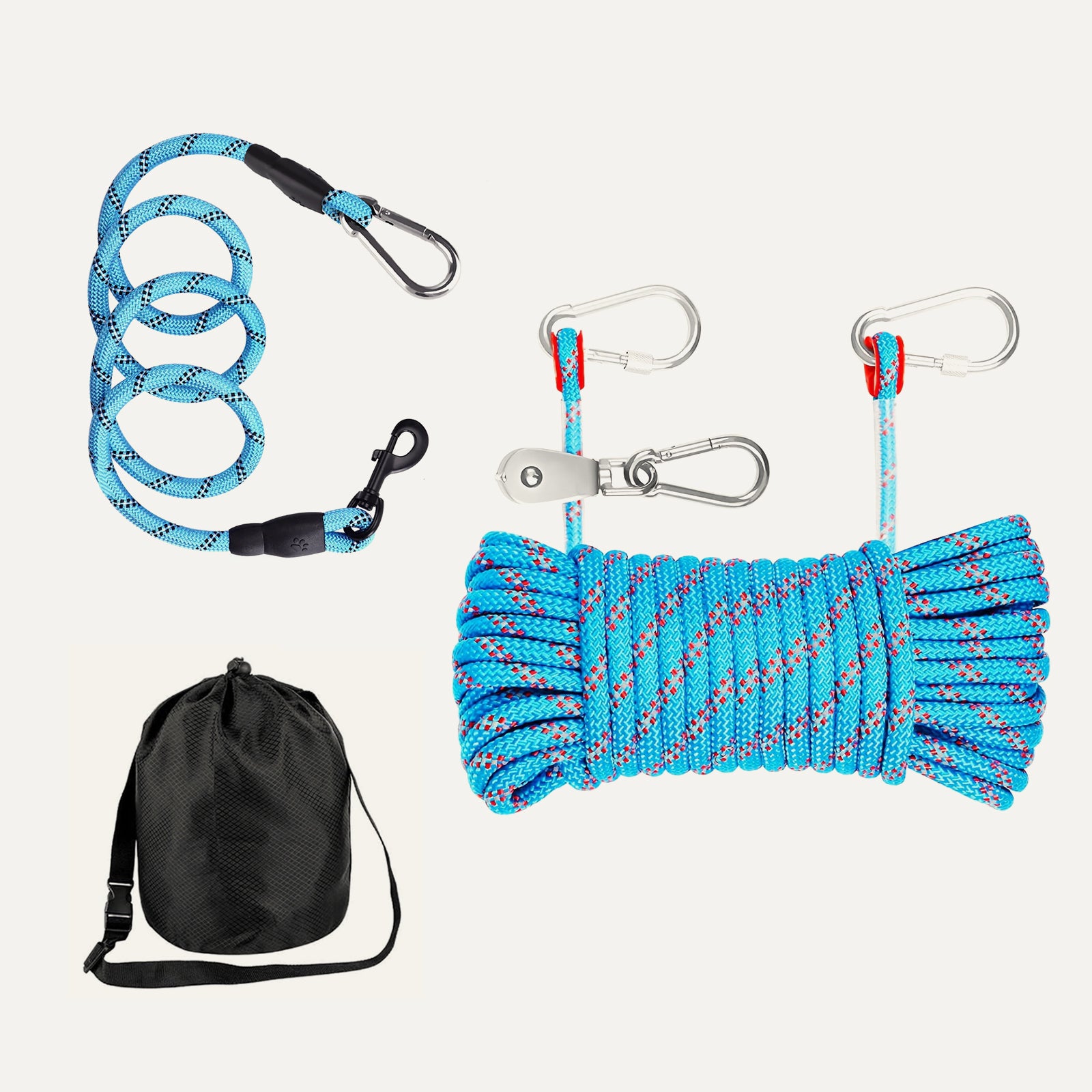 Blue climbing rope with carabiners and a black drawstring bag on a white background for dogs