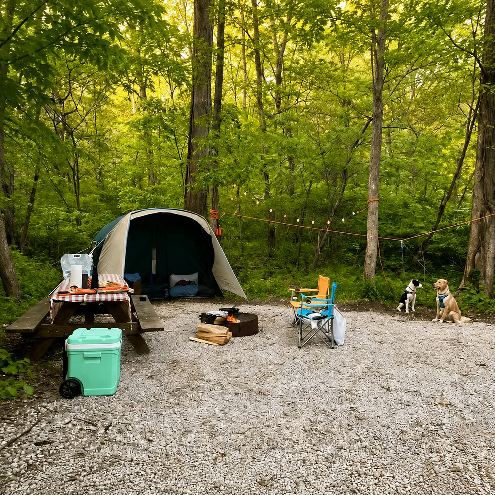 Two dogs using a Howoll overhead dog tie-out cable between trees at a wooded campsite