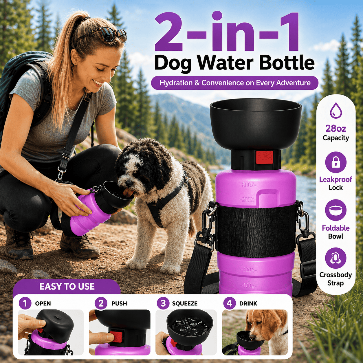 28oz Crossbody Dog Water Bottle with Collapsible Bowl