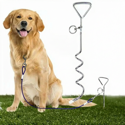 Howoll spiral dog tie-out stake with cable beside a golden retriever on grass