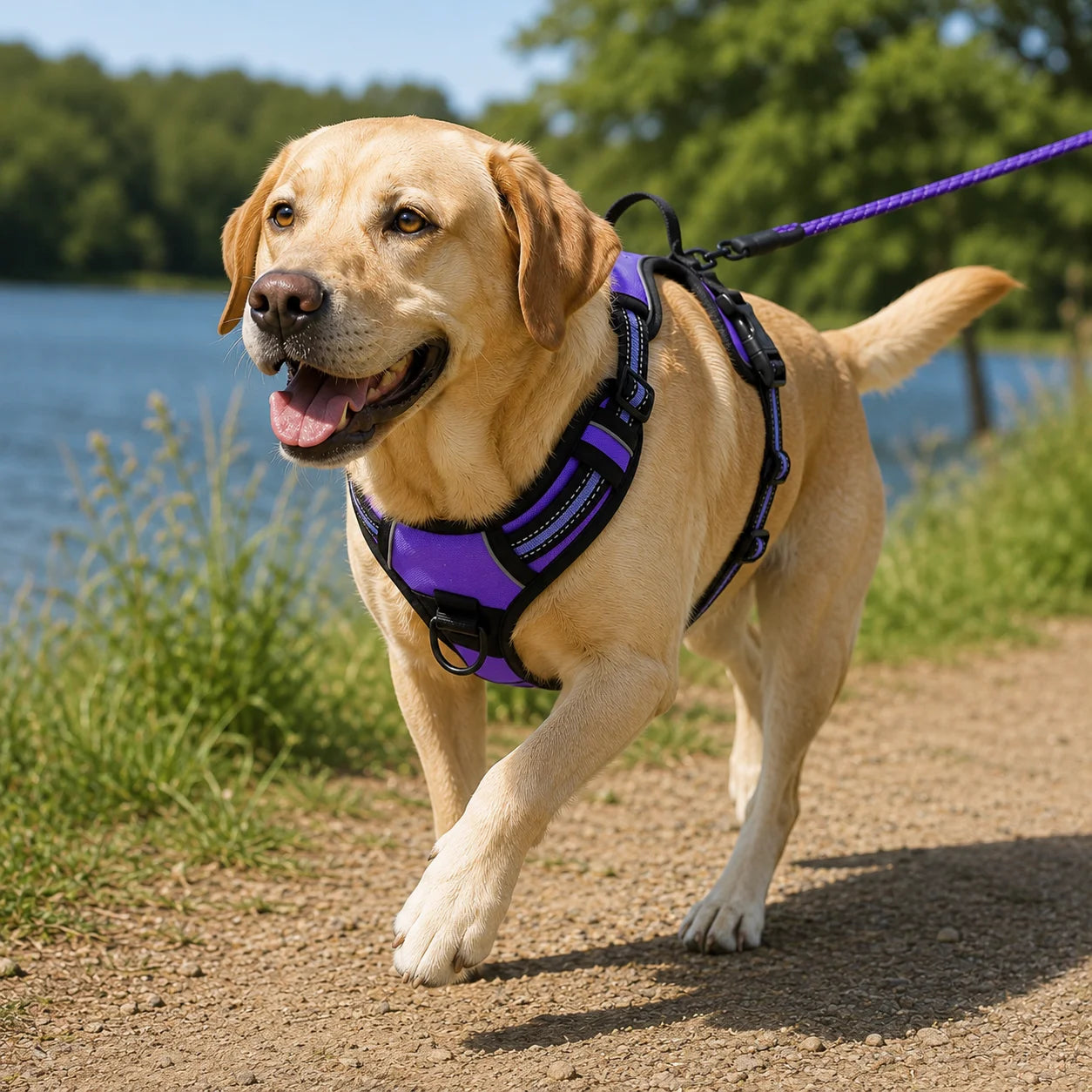 Dog wearing a no pull harness while walking outdoors near a lake